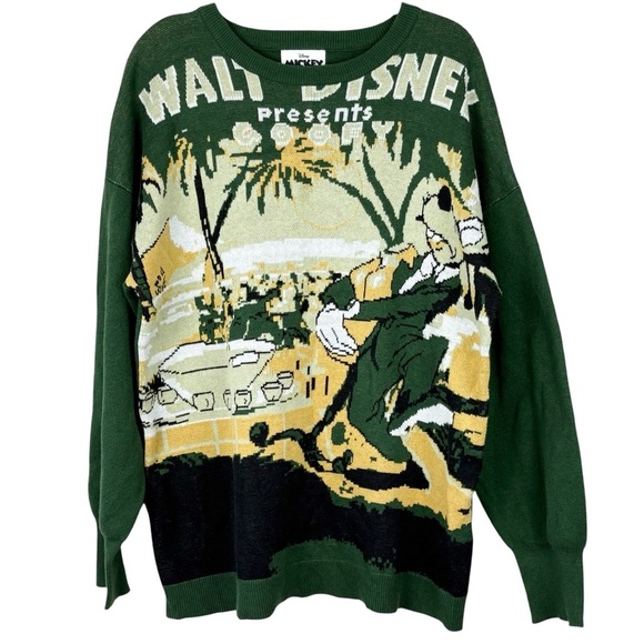 Disney Goofy Sweater Retro Knit Pullover Green Crewneck L Comfy Casual Chic - Picture 1 of 9
